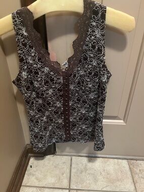 Studio Y Brown Lace-Trim Floral Camisole